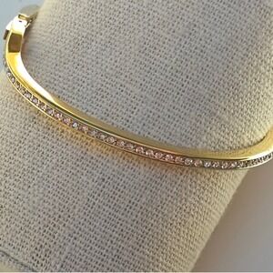 Gold Tone Bangle Bracelet Light Pink Crystal Inset Hinged Link Women Rhinestone